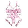 2Pcs/Set Women Sexy Faux Satin Underwear Set Lace-Up Bowknot Underwire Push-Up Bra Adjustable Strappy Thong Set