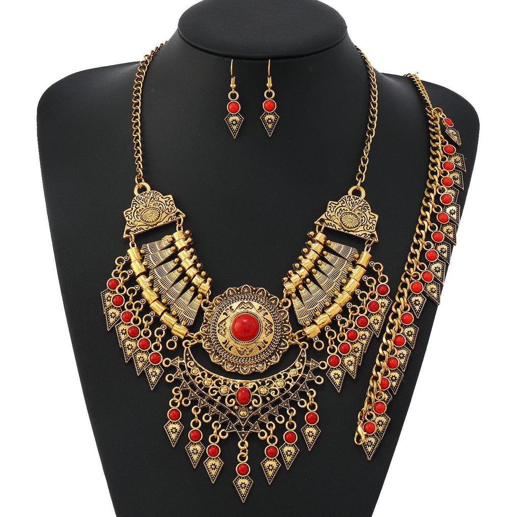 Tibetan Ethnic Tassel Jewelry Set: Necklace, Earrings, Bracelet & Sweater Chain