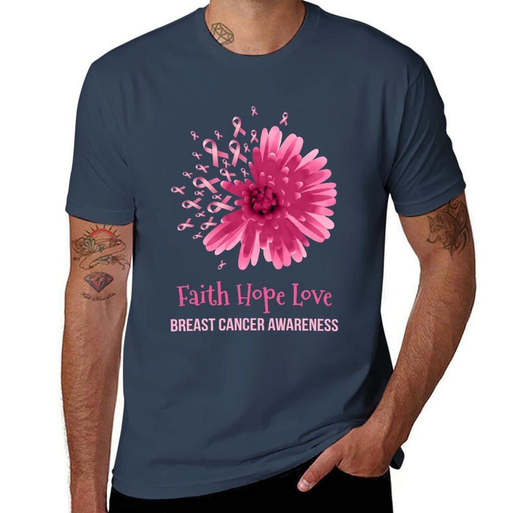 Flower Faith Hope Love Breast Cancer Awareness Tshirt Cotton Tshirt Plain For Unisex Package Tshirt