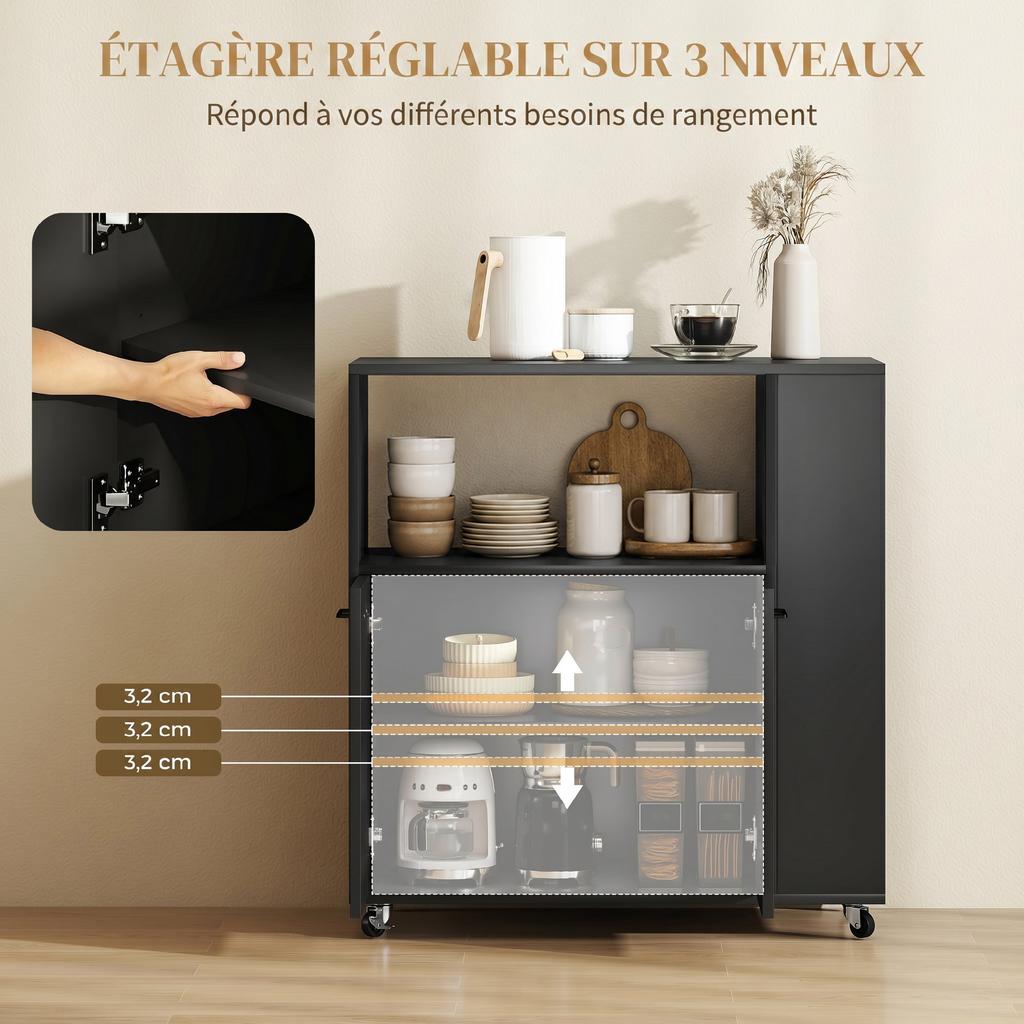 Kitchen Trolley on Wheels, Kitchen Island, Worktop, Adjustable Shelf, 75 x 40 x 80.5 cm, Black