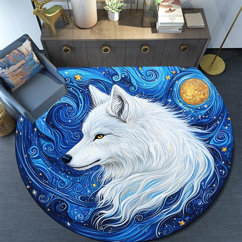 White Wolf Round Area Rug,Carpet Rug for Living Room Bedroom Sofa Playroom Decor,Non-slip Floor Mat