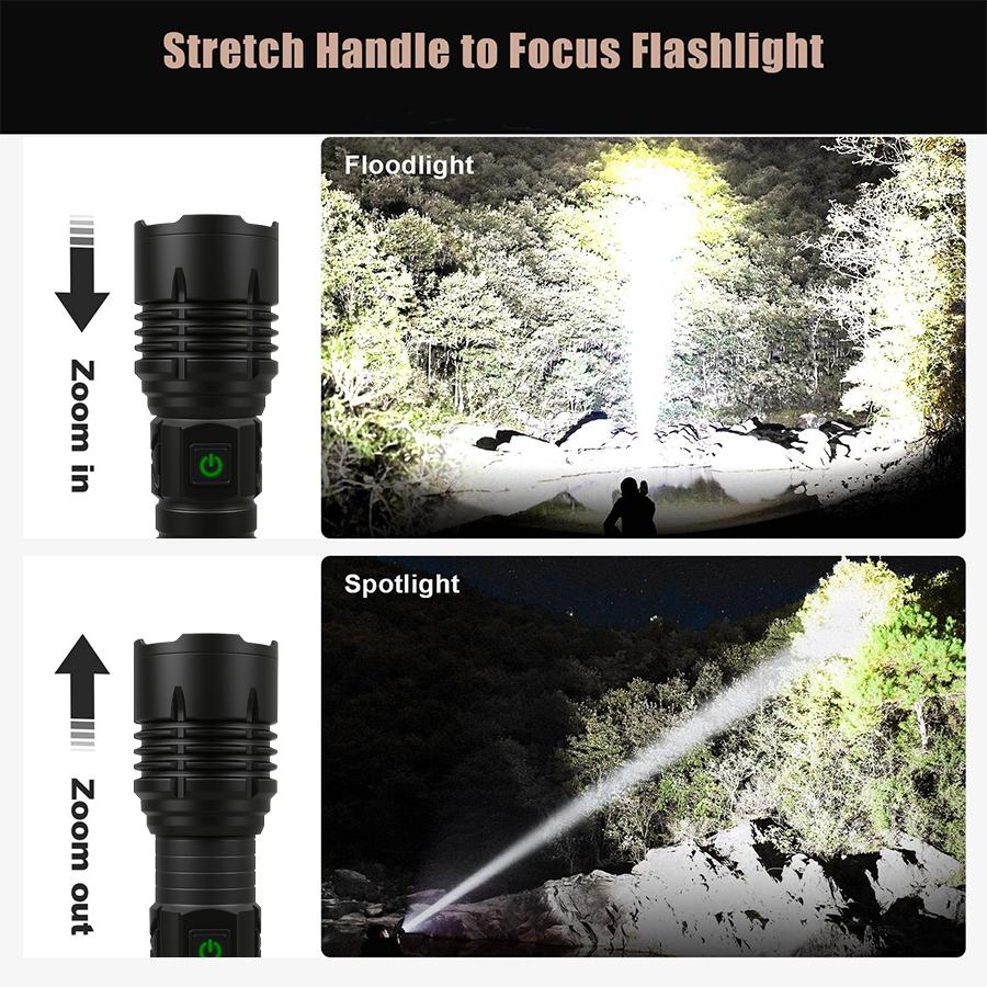100000LM LED Flashlight USB Rechargeable Zoom Torch Strong Light Focused Light Source Can Light a Flame Waterproof Lantern