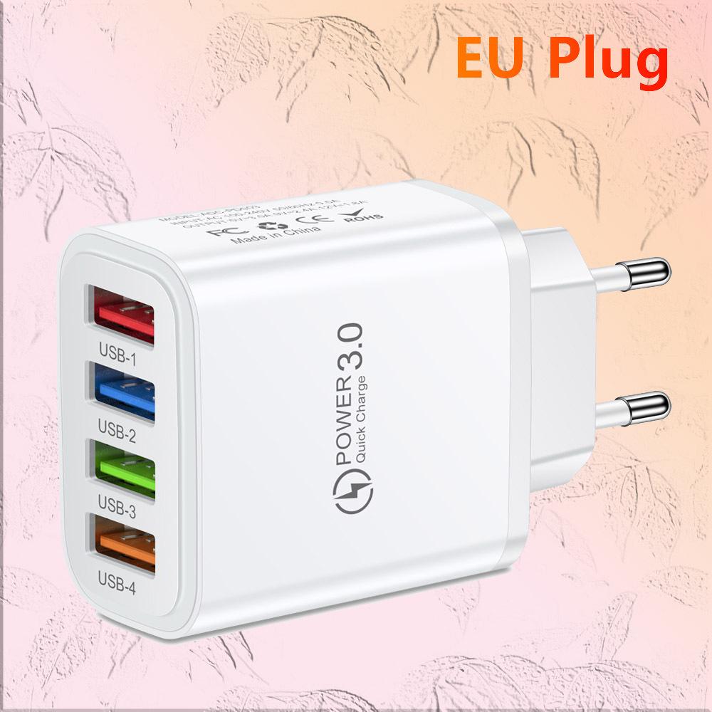 Colorful 4-Port 3A USB Travel Charger with US/EU Plugs for Mobile Phones