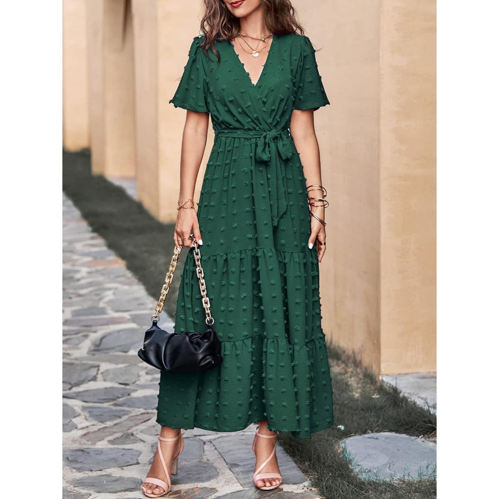 New Boho Swiss Dot Maxi Dress for Women, V Neck Flowy Short Sleeve Tie Waist A Line Long Dress