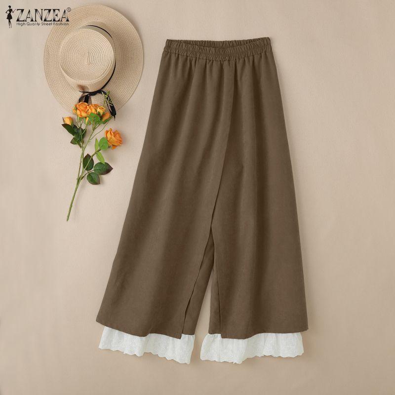 ZANZEA Women Casual Elastic Waist Loose Ruffled Lace Hem Wide Leg Pants Long Trousers