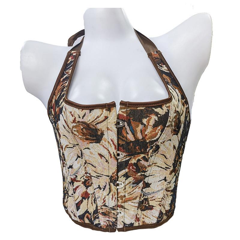 Vintage Floral Tapestry Halter Neck Corset Top With Front Closure