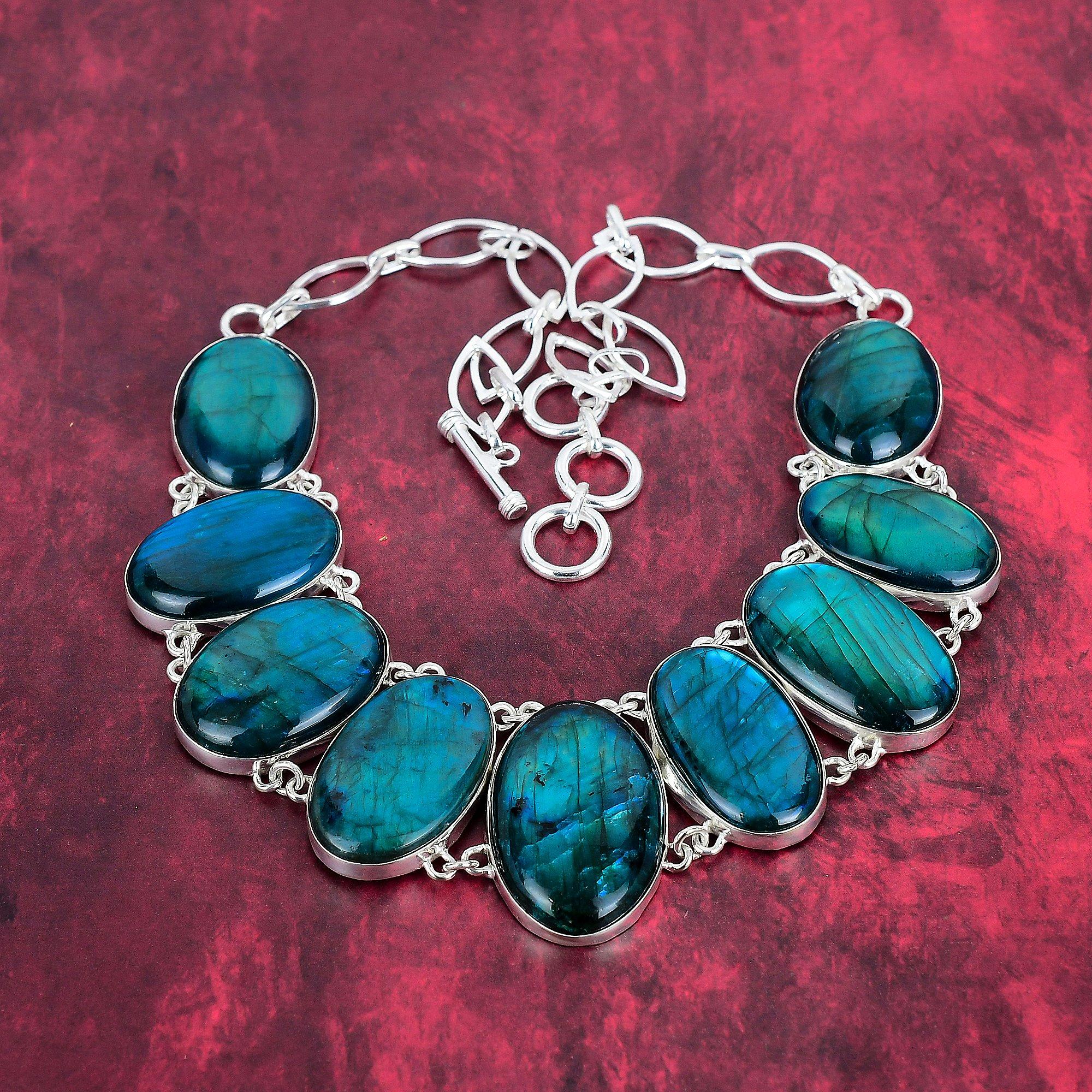 

Неоновая вспышка, ювелирные изделия из лабрадорита, ожерелье из драгоценного камня ручной работы, ожерелье из стерлингового серебра 925 пробы, антикварное ювелирное ожерелье, подарок на помолвку Adjustable with 18 inches синий