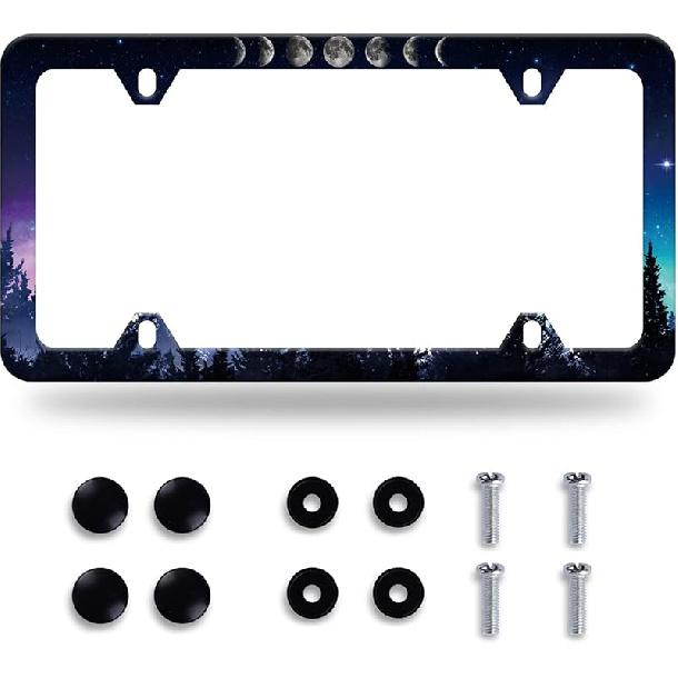 Moon License Plate Frame Starry Sky Moon Phases License Plate Stainless Steel Car Accessory Personalize Funny License Plate Holes Screws Decorative