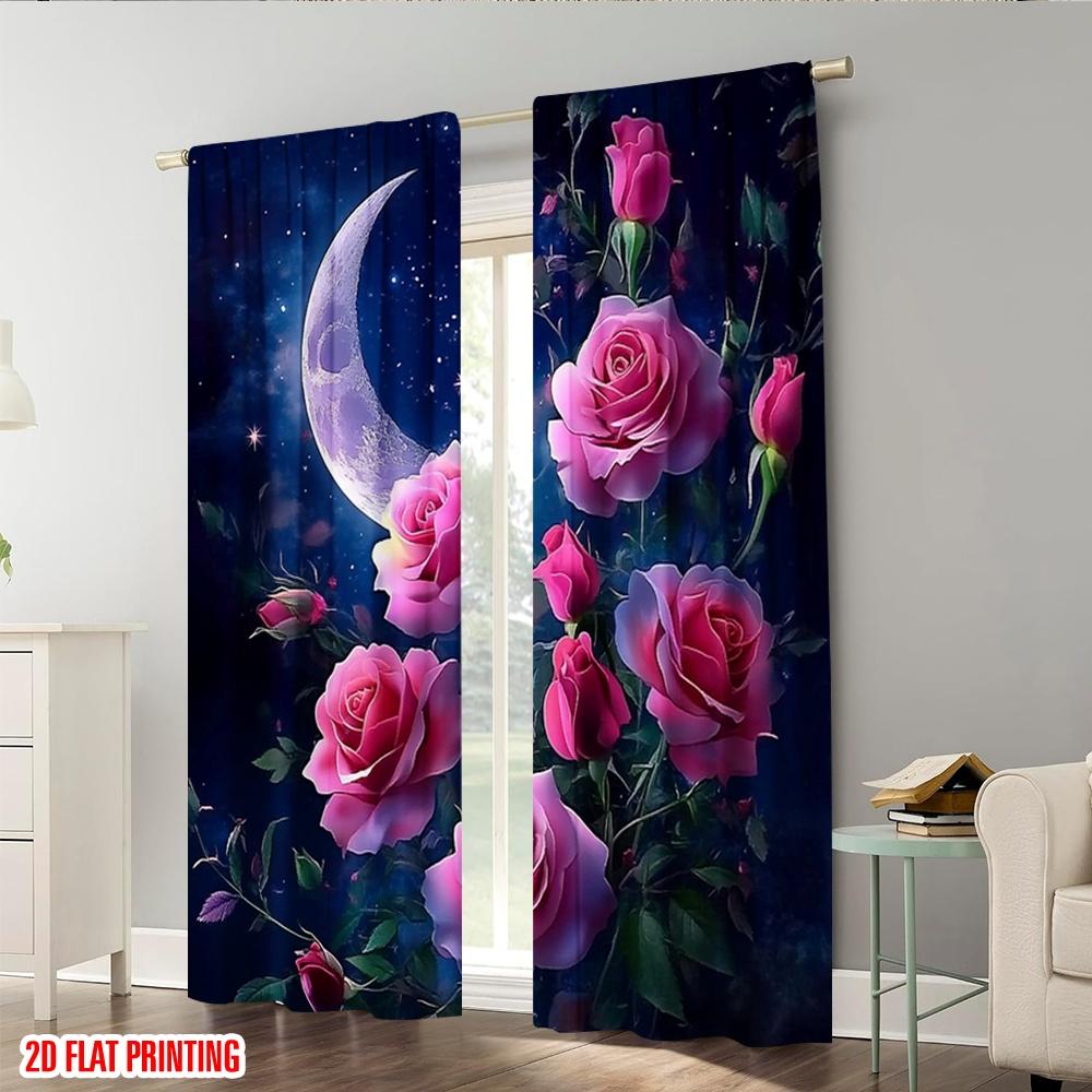 Set Of 2 Flat Printing Curtains Pink Roses Crescent Fabric Without Electricity Birthday Party Use New Year Carnival Curtain Polyester