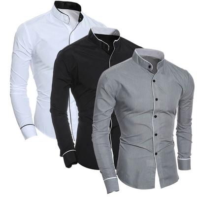 Nouvelle chemise simple à col montant unie classique ajustée pour homme, Cardigan à empiècement personnalité, Chemise de base
