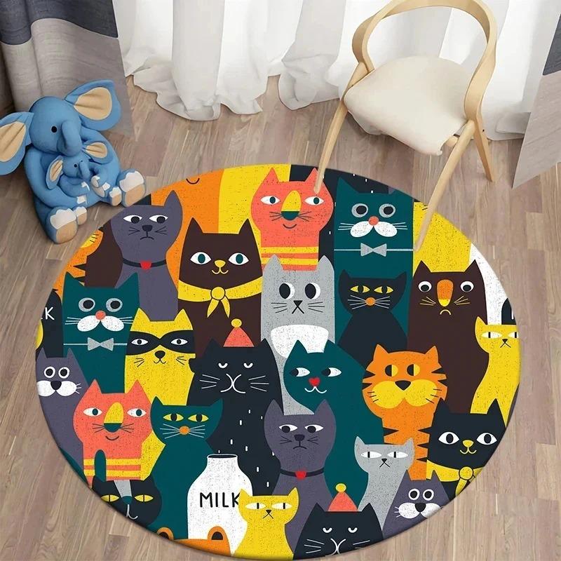 Colorful Cat Group Round Rug Floor Mat Door Mat Entrance Mat for Kids Room Living Room Baby Room Decoration