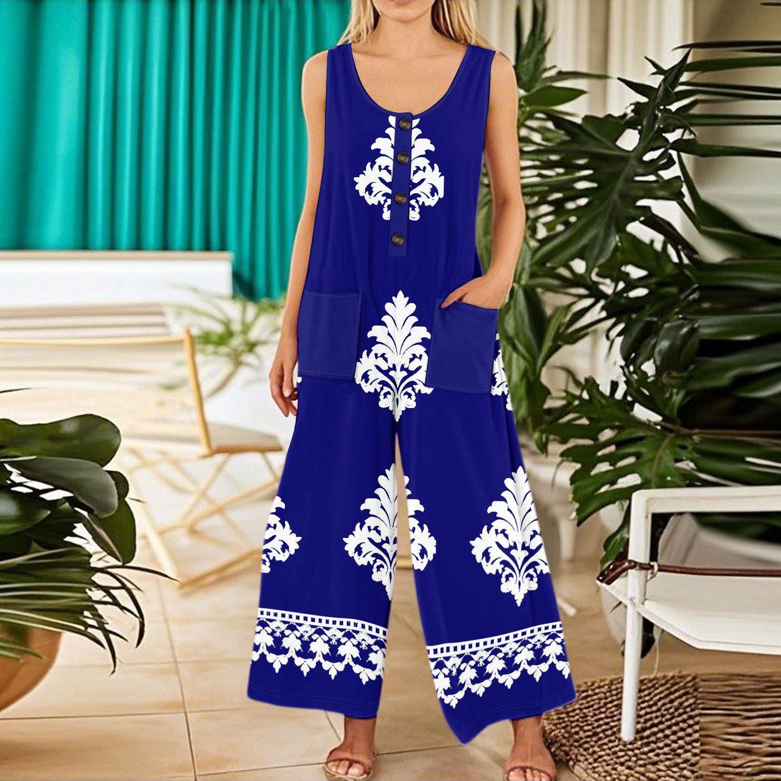 

Женский модный повседневный комбинезон без рукавов с пуговицами и цветочным принтом, хлопковый комбинезон с карманами XXL