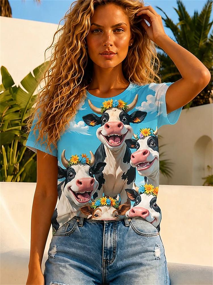 Women's Spring Summer Crew-Neck Short-Sleeve T-Shirt Soft-Toned Tie-Dye with Sun and Peace Symbols Casual Vacation Top
