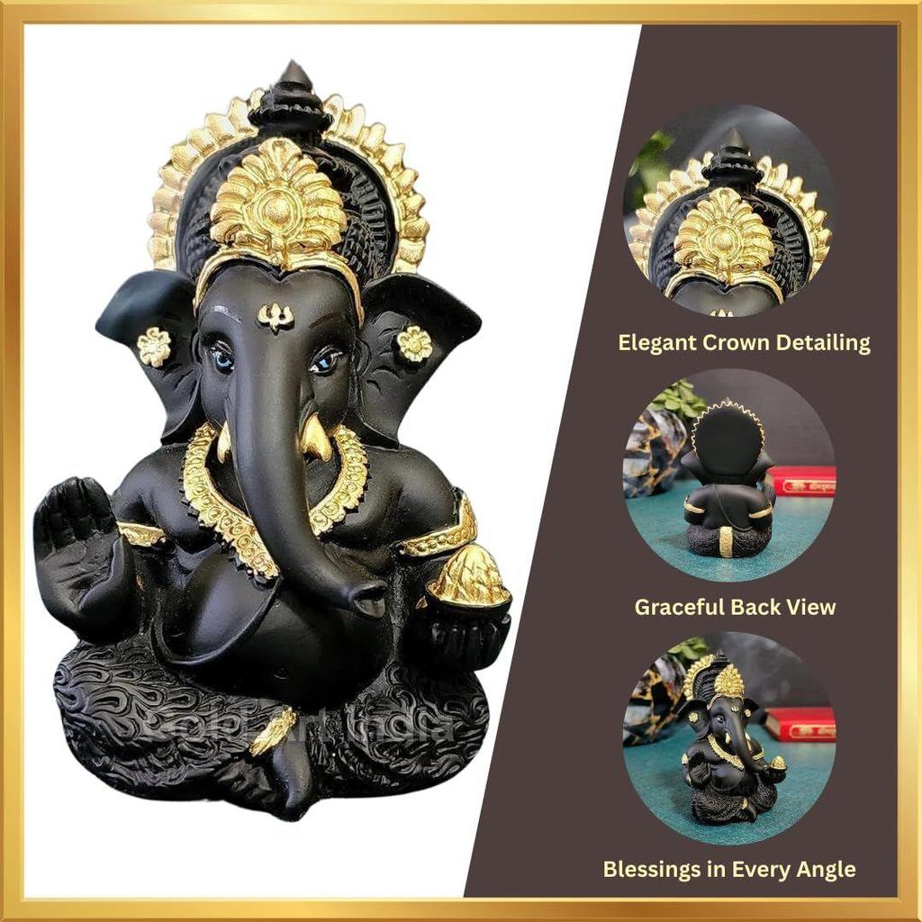 Terracotta Black Ganesh Idol for Car Dashboard Small Ganesha Murti Ganpati Idol for Home Decor Puja Lord Ganesh Statue
