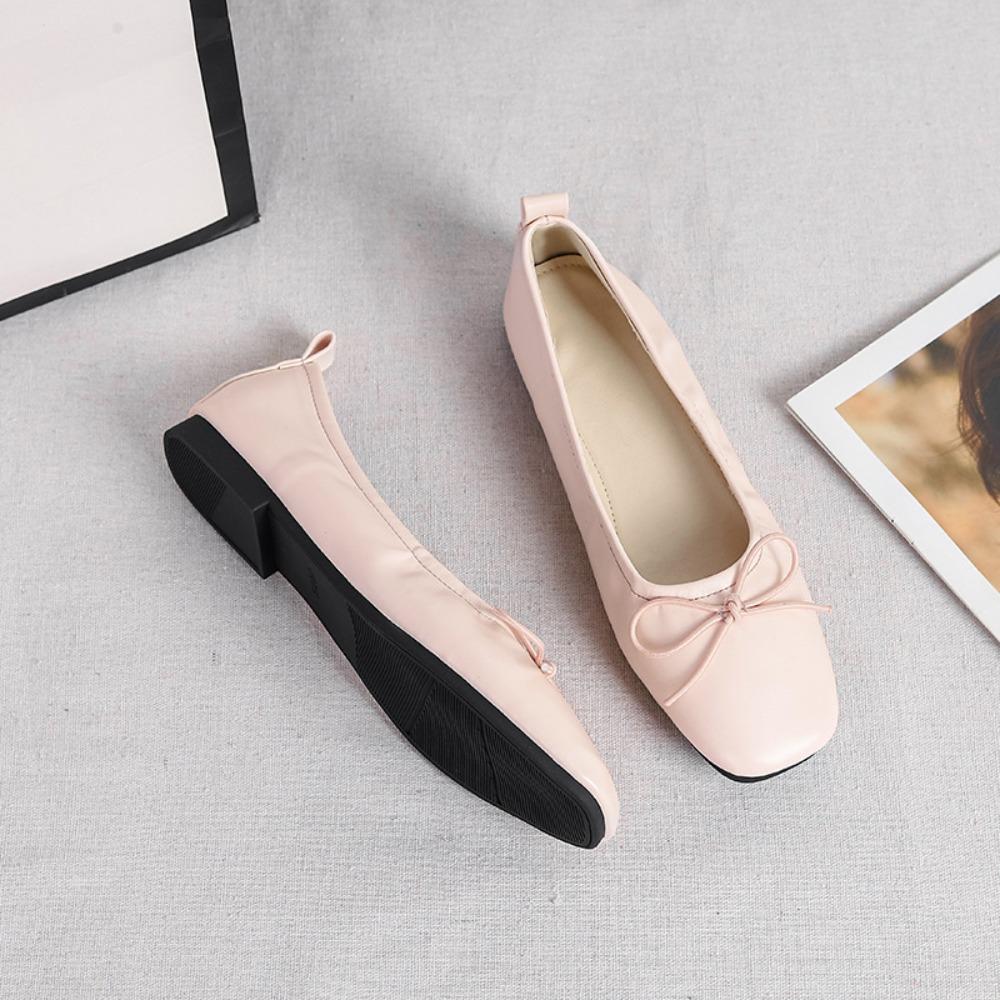 Flat Shoes Women Plus Size 44 Spring Square Head Shallow Mouth Single Shoes Flat Sole Versatile Soft Sole Bow Women's Shoes
