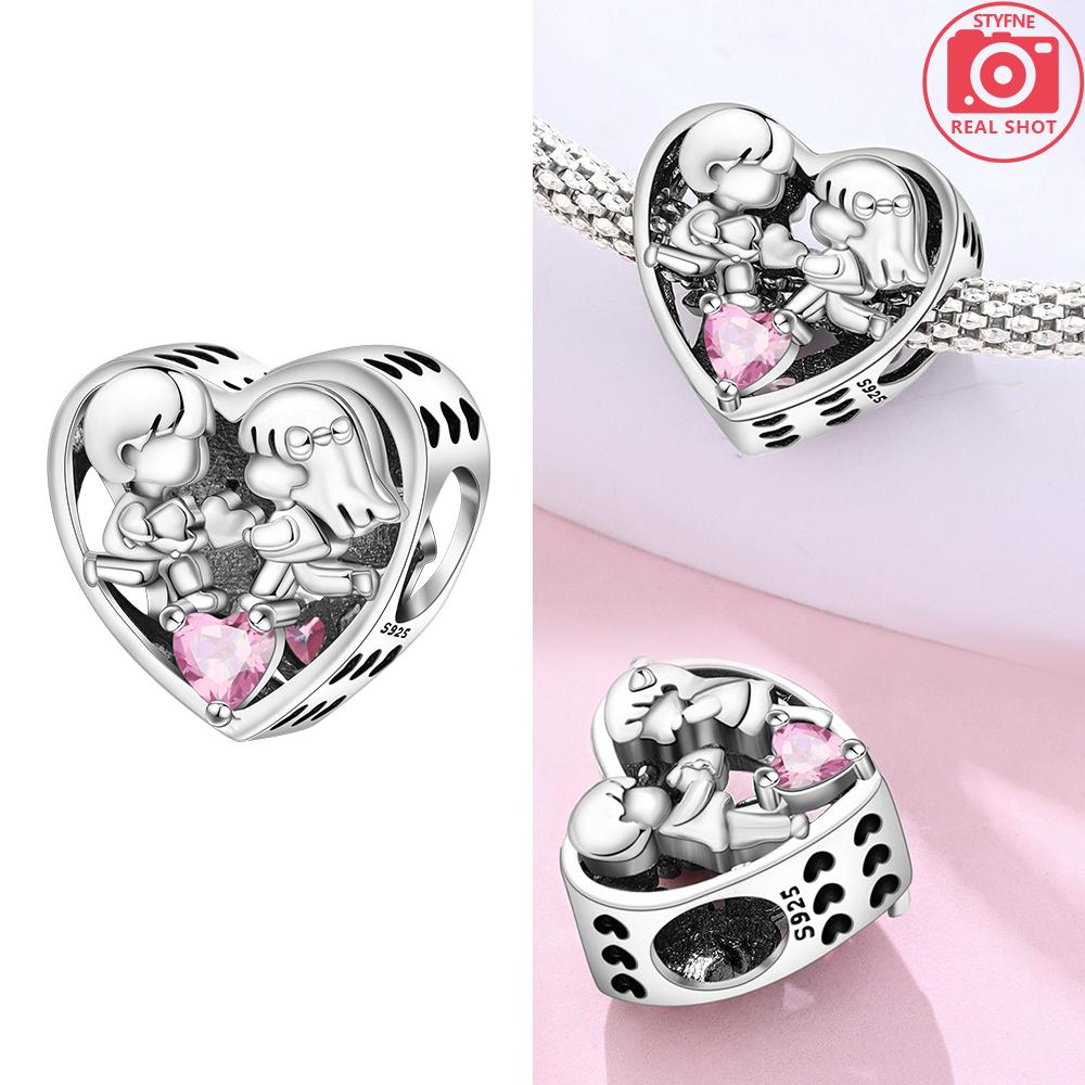 925 Silber Rosa Zirkon Liebesperlen Anhänger Passend für Armband Damen Schmuck DIY Geschenk Zarte Accessoires Jahrestag Geschenk