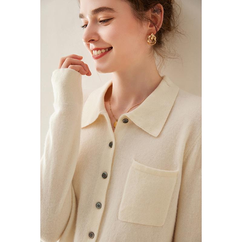 Women's Cashmere Polo Collar Knit Top: Versatile Solid Color Cardigan Sweater Coat