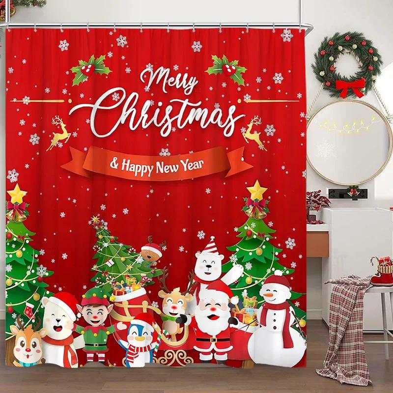 Christmas Shower Curtain Santa Claus Snowman Snowflake Elk Pine Leaf Winter Cartoon Home Polyester Fabric Bathroom Decor Curtain