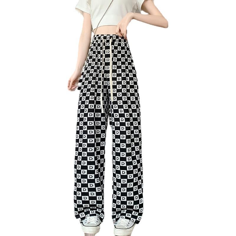 New Narrow Version of Ice Silk Quick-drying Letter Checkerboard Women's Pants High Waist Straight Wide-leg Draped Casual Pants