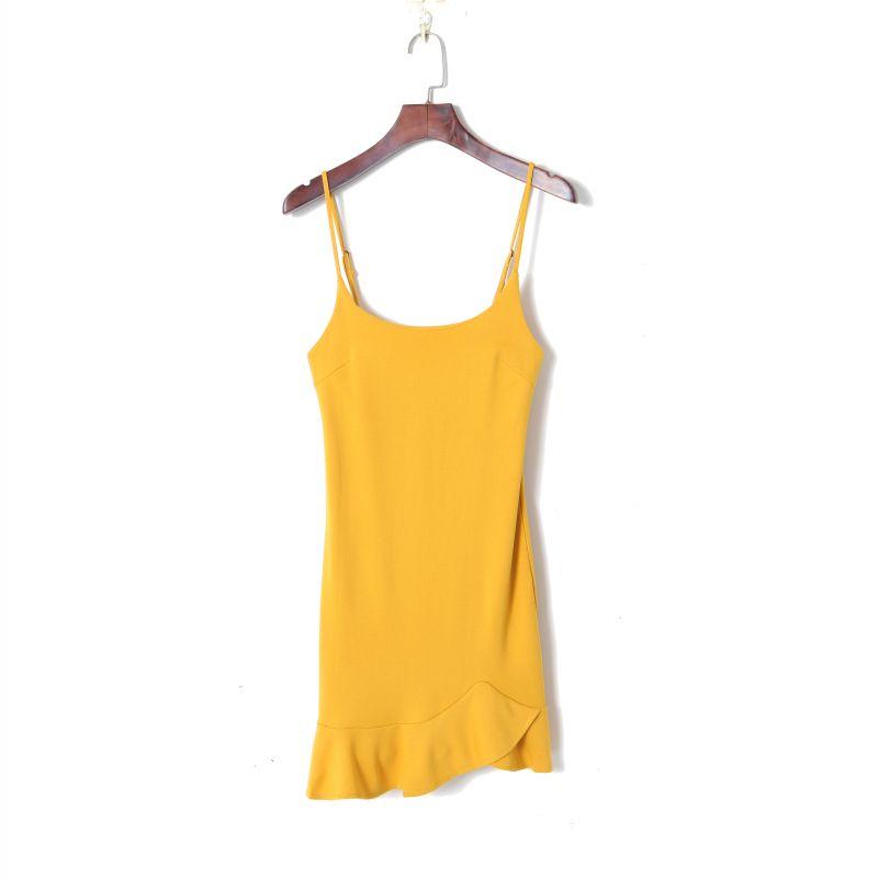 

New Summer Women s Fresh Vacation Style Pure Color Sexy Low Collar Backless Slim Fit Slimming Flounce Suspender Skirt Yellow M