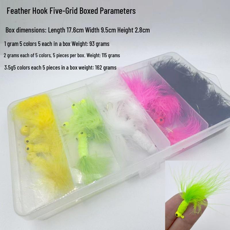 25-Piece Box Set: Five-Color Chicken Feather Lead Head Hooks (1g, 2g, 3.5g)