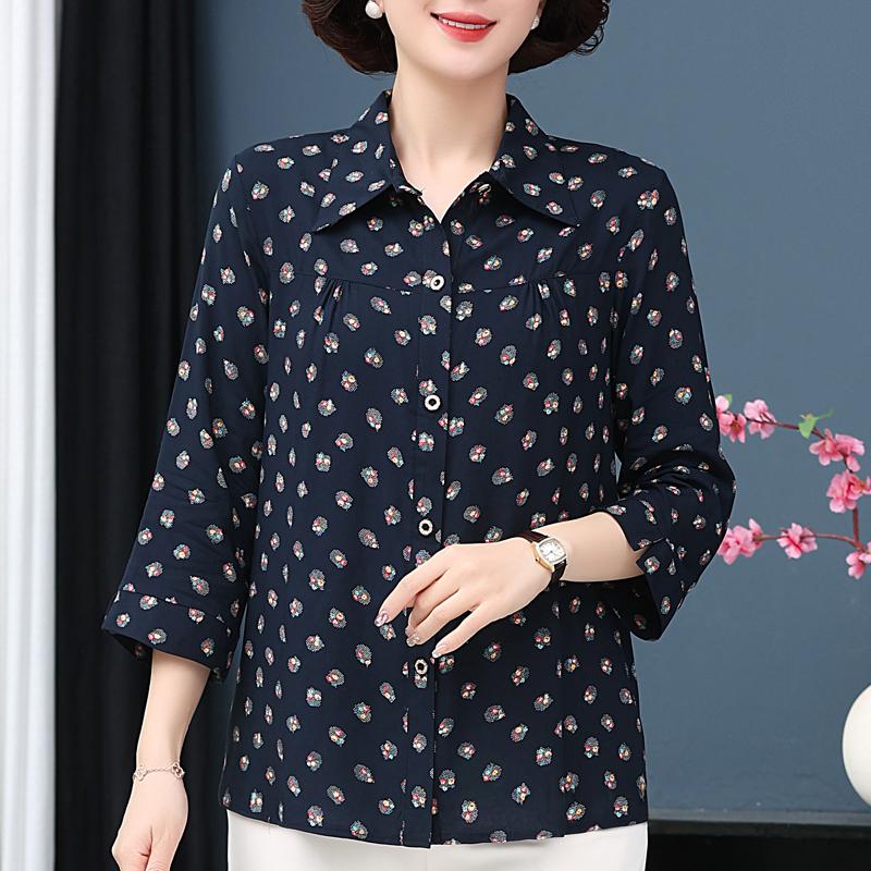 Plus Size XL-7XL Women's Elegant Blouses  Casual Loose Vintage Print Summer Long Sleeve Top Female Shirt