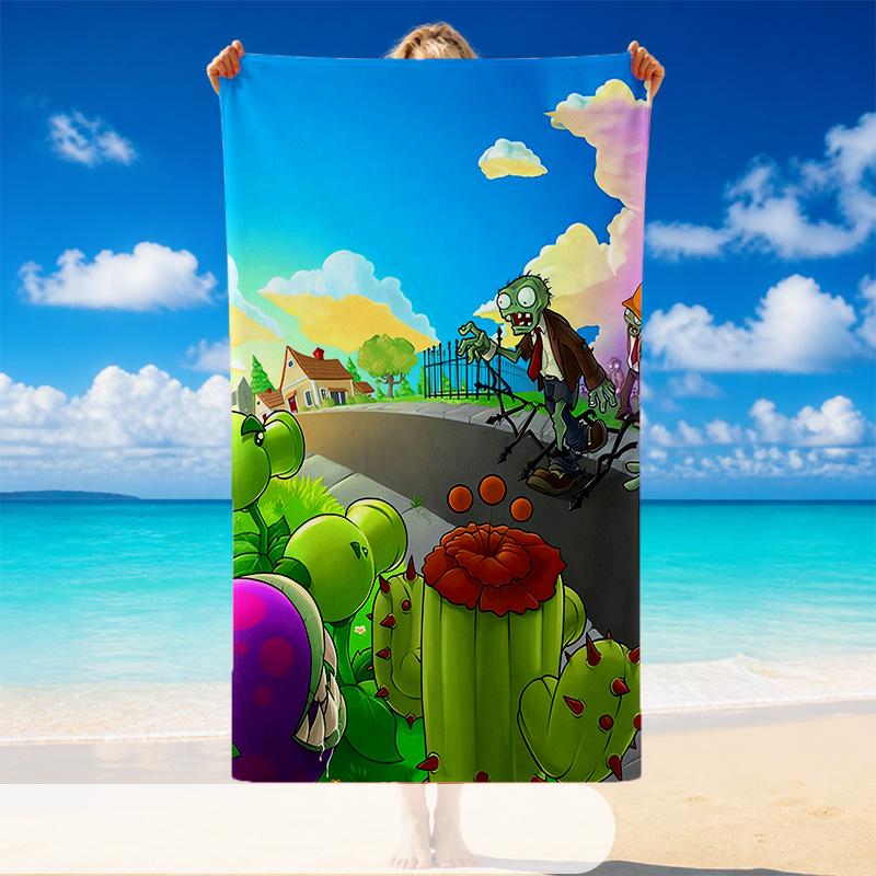 Quick Dry Beach Towel Plants Vs. Zombies Pattern, Lightweight Absorbent Towel for Pool Beach Vacation Use