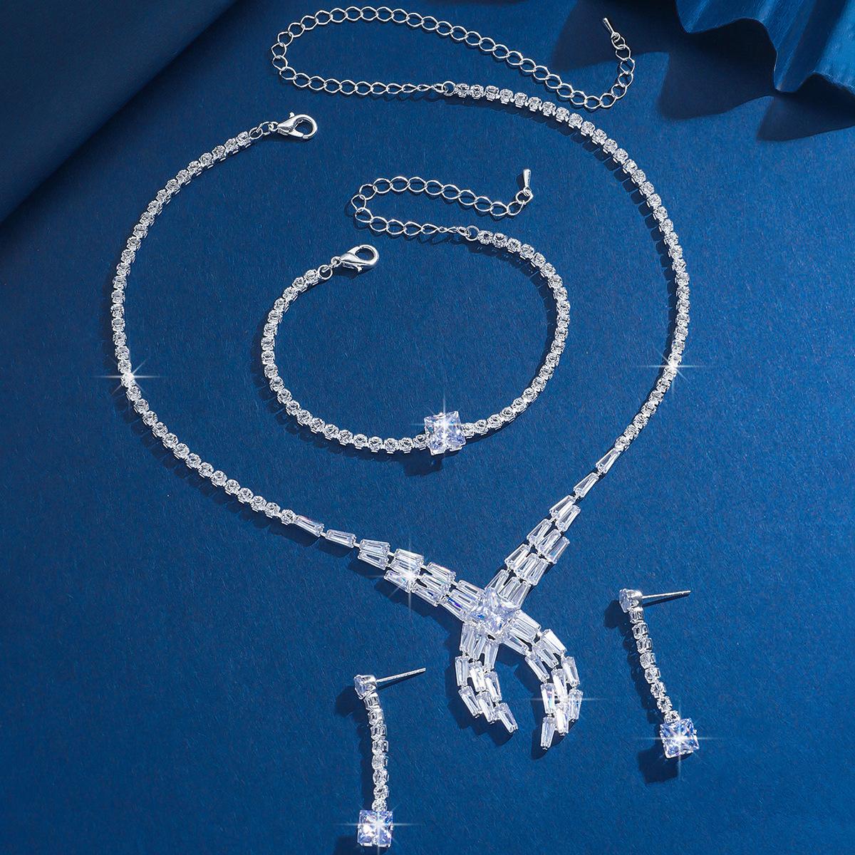 Bright Diamond Necklace Earrings Bridal Wedding Zircon Jewelry Fashion Wedding Banquet Dress Set