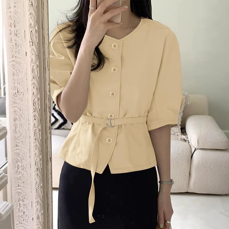 

ZANZEA Женская повседневная летняя свободная блузка с круглым вырезом и коротким рукавом L