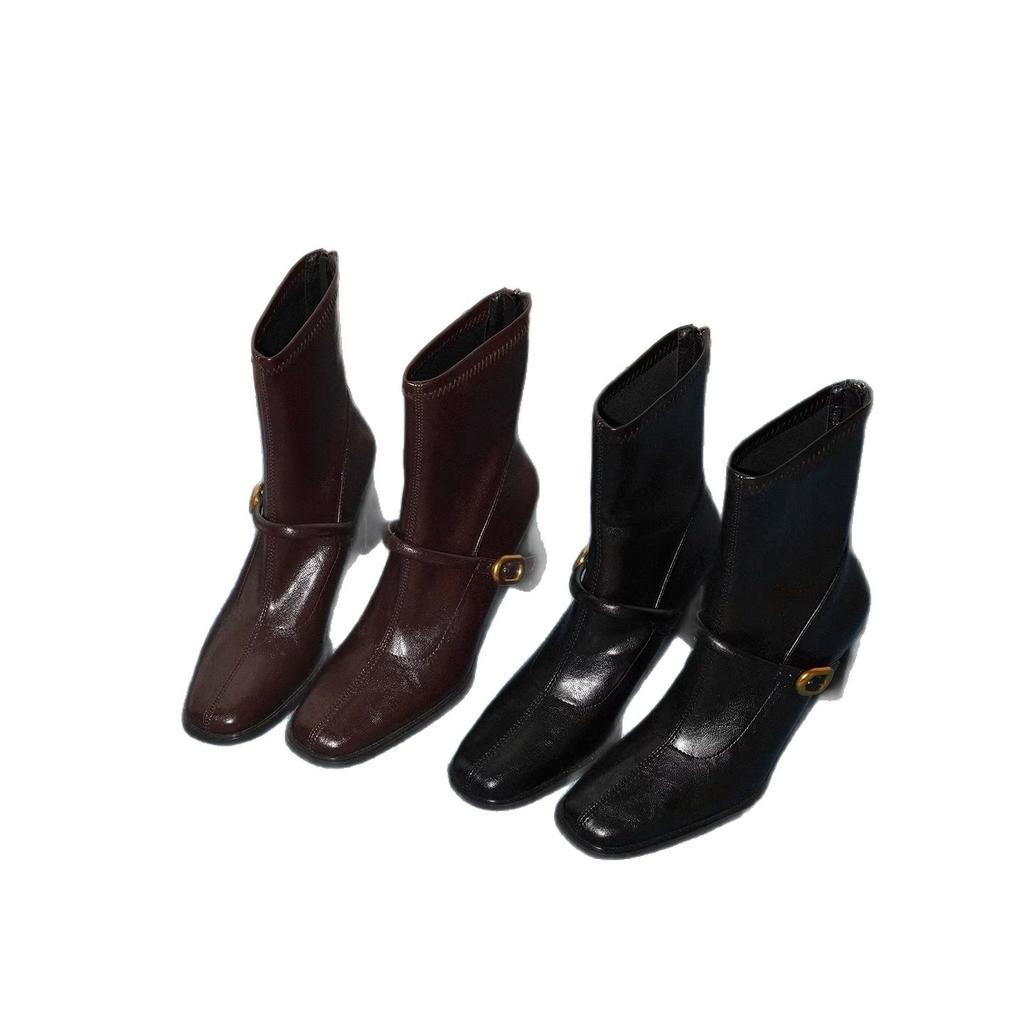Sheepskin Version~ Retro Square Head Belt Buckle Thick Heel Medium Tube Thin Boots Temperament Versatile Tall Tube Thin Women's Fashion Boots