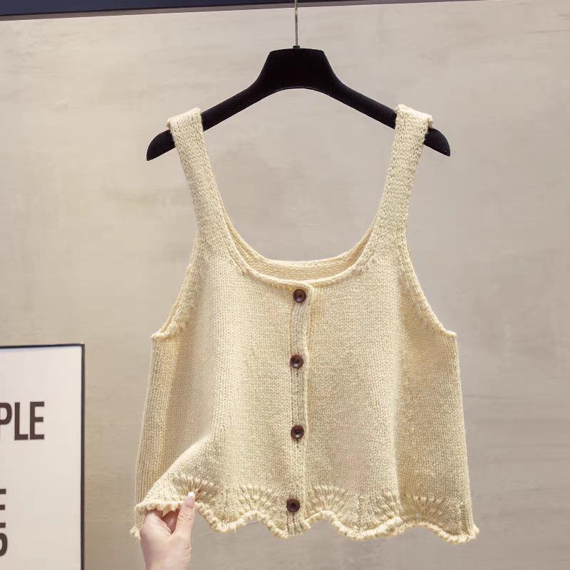 Korean Style Crochet Lace U-Neck Knit Camisole for Women - Spring/Summer Sweet Age-Reducing Loose Fit Layering Vest Top M (suggested 100-110 jin)