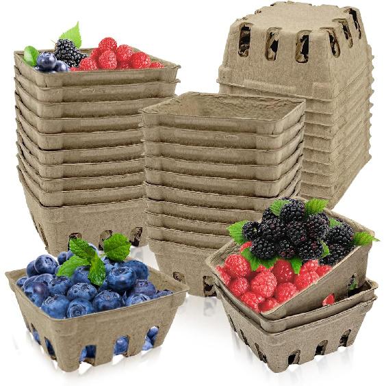Rainmae 30 Pack Natural Pulp Fiber Berry Basket, Molded Berry Basket Produce Vented Container for Strawberry Blueberry Raspberry Fruit and Vegetable,