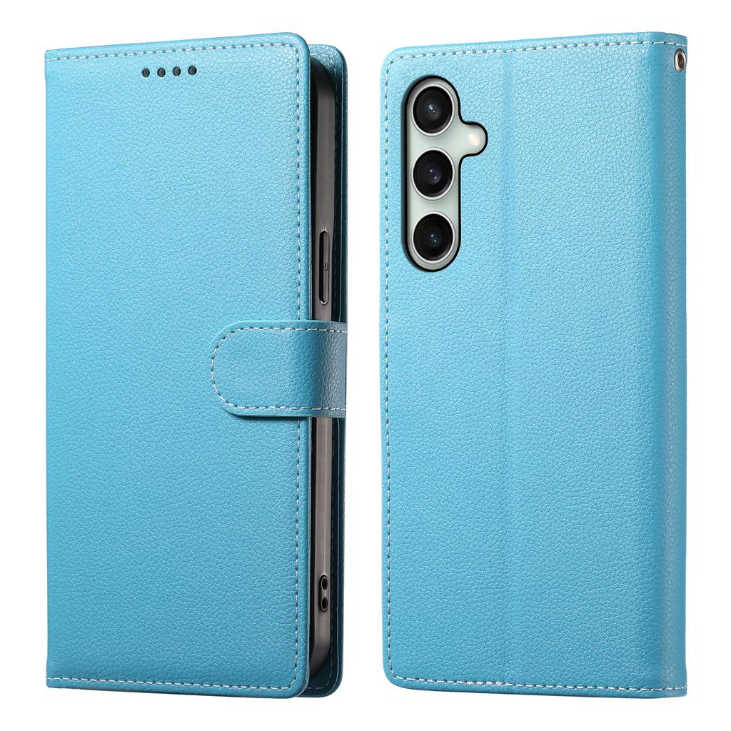 For Samsung Galaxy S25 FE Case Magnetic Snap Litchi Texture Leather Wallet Phone Cover with Wrist Strap