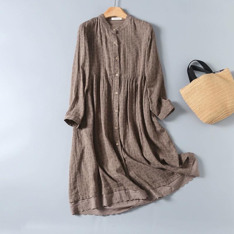 8 Colors Lamtrip-Retro Floral Cotton Yarn Long Sleeve Single Breasted  Robe Casual  Soft House Dress