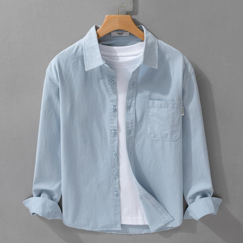 Koszule z długim rękawem na wiosnę i lato dla mężczyzn Codzienny jednolity kolor Casual Top Kołnierz z klapami 100 bawełny Guziki Koszula Prosty styl Odzież męska