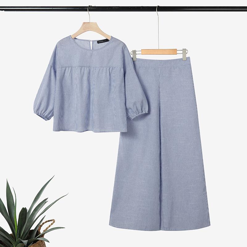 ZANZEA Damen 3/4-Ärmel Bluse und Hose Lässige Streifenprint Zweiteilige Sets