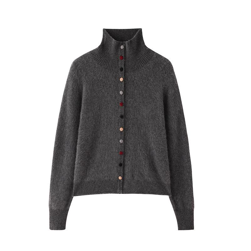 Women's 100% Pure Wool High Neck Sweater, Buttoned Cardigan, Loose Fit, Autumn/Winter Fashion.