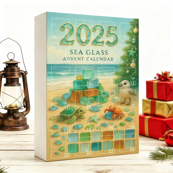 Adventní kalendář Vánoční strom z mořského skla 2025 24 dní Odpočítávání svátků s mini ozdobami z mořského skla Dekorace vánočního stromku s oceánskou tématikou