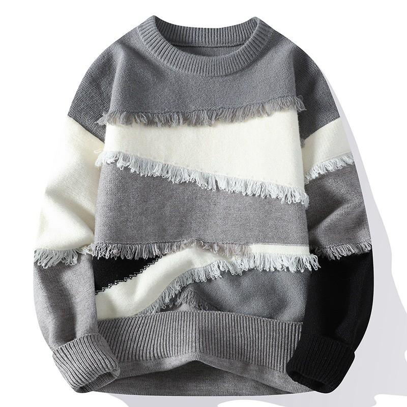 Mens Winter Loose Fit Knit Sweater With Color Block Design Round Neck Long Sleeve Casual Pullover Young Adults