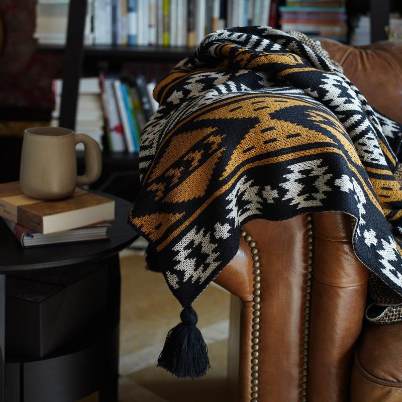 Boho pletená vlněná pohovka a postelová deka