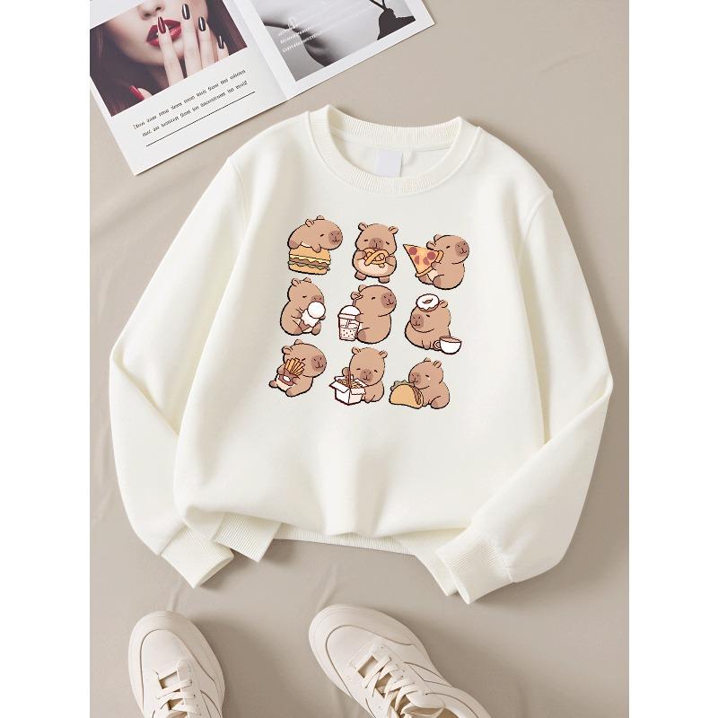 European sizes Adorable Capybara-Themed Crewneck Sweatshirt for Kids, Featuring a Food-Eating Design. Ideal for Both Sports And Casual Occasions
