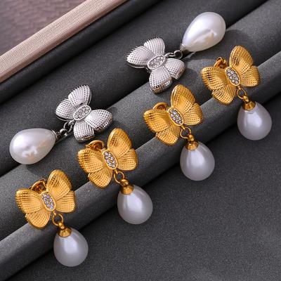 Korean Style Niche Diamond-Set Bow Fringed Imitation Pearl Earrings Women'S Titanium Steel Plated 18K Gold Fashion Earrings