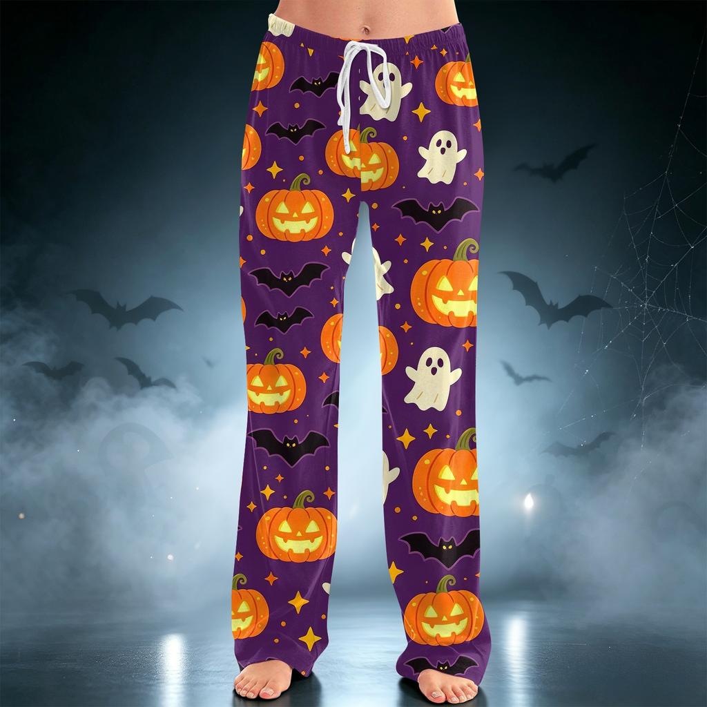 Women's Halloween Print Drawstring Wide Leg Pants for Casual Home Wear