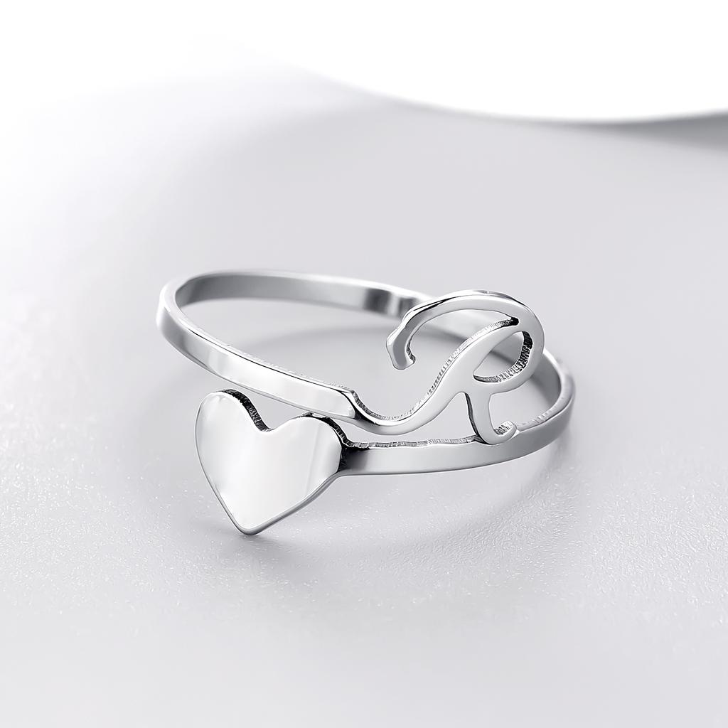 Silver Color 26 Letter Love Heart Rings Stainless Steel Open Ring for Women Men Couple Initial Name Finger Jewelry Gifts