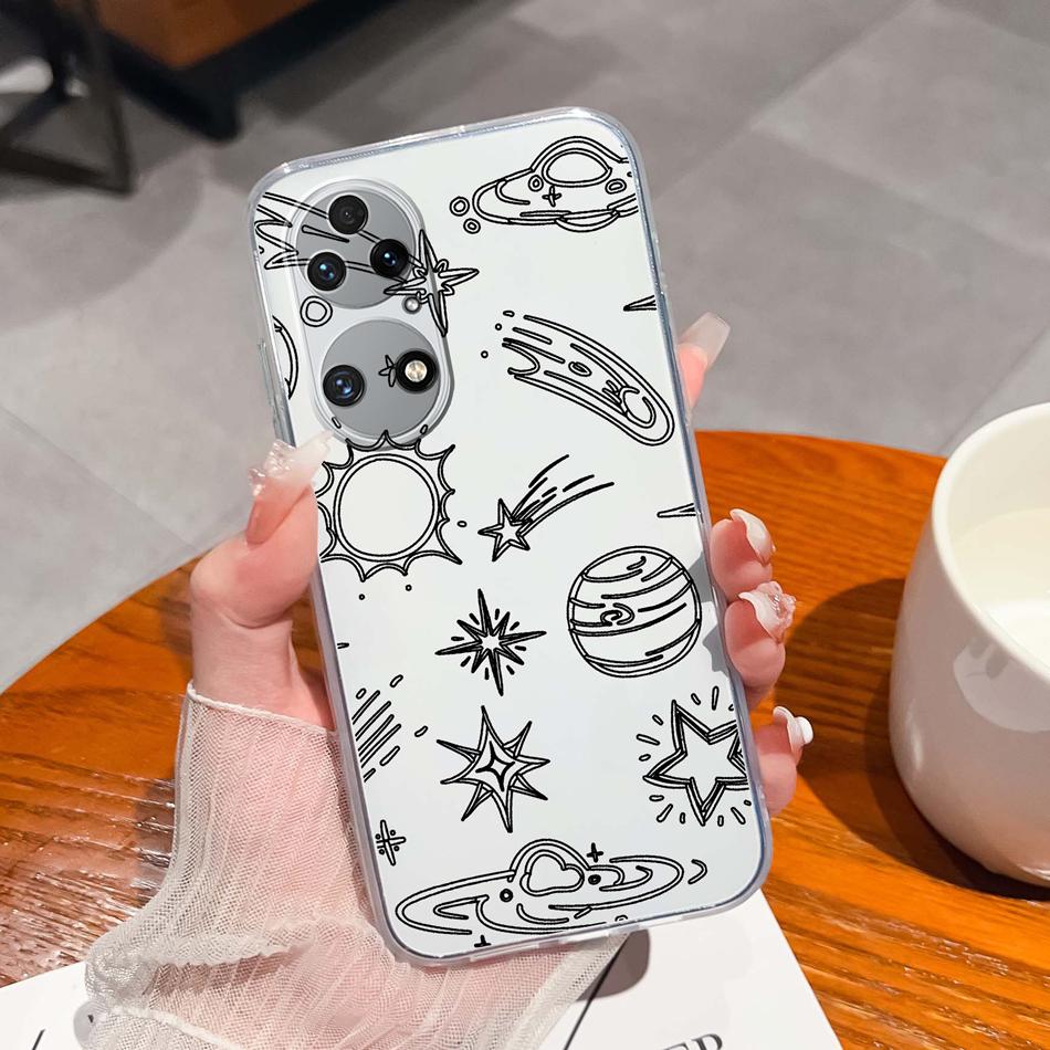 For Huawei P50 Pro P50E Phone Case Lucky Flowers Patterns Transparent Protective Funda For Huawei P 50 Soft TPU Silicone Bumper