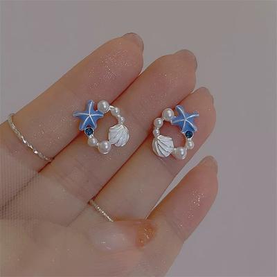 Trendy Ocean Style Zircon Imitation Pearl Blue Shell Starfish Earrings Stud  For Women Earring Ear Ring Jewelry Gift