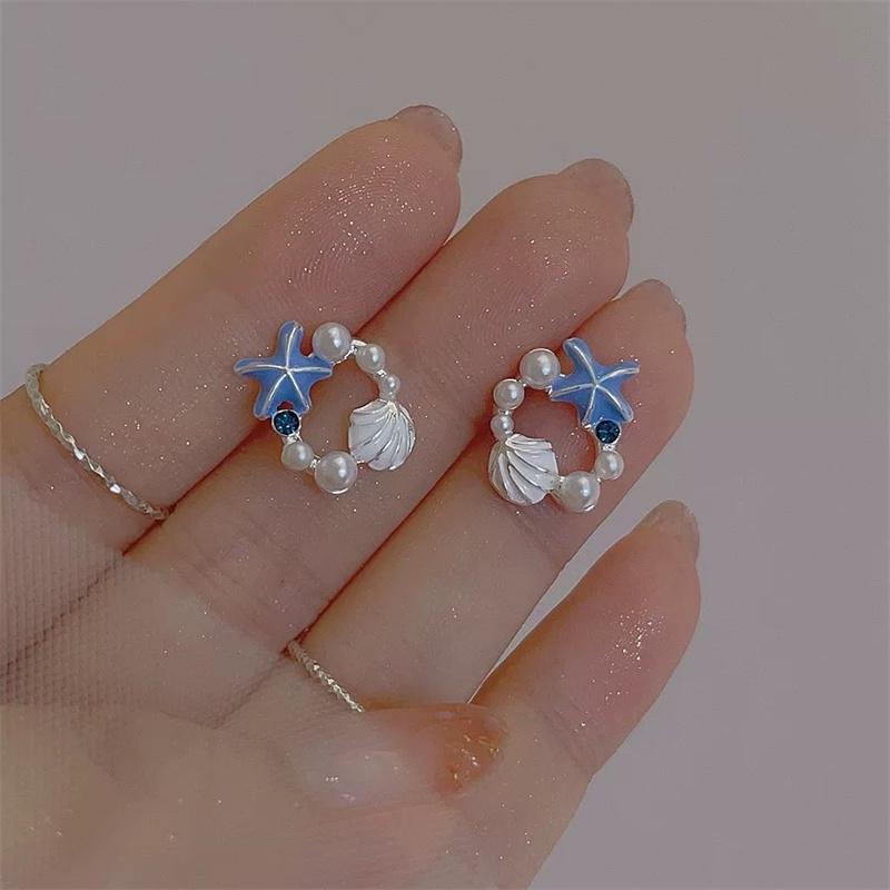 Trendy Ocean Style Zircon Imitation Pearl Blue Shell Starfish Earrings Stud For Women Earring Ear Ring Jewelry Gift