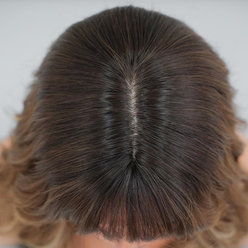 Perucă 2025 Nouă Europeană Americană Maro Gradient Medie Lungă Ondulată - Breton Complet cu Design Păr Înrădăcinat, Stil Natural Full Cap, 5 Culori Disponibile