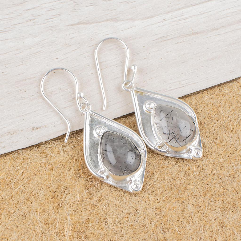 Schwarzer Rutilschmuck, 925 Sterling Silber Edelstein Ohrringe, handgefertigte Ohrringe, zum Gedenktag