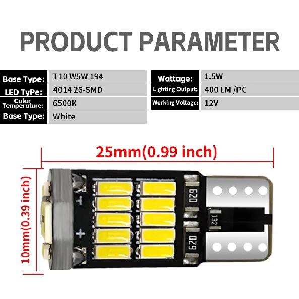 SEWICK 100PCS T10 W5W Led Bulbs 26SMD 4014 Chips 194 501 Canbus White Signal Lamp Car Interior Dome Reading Clearance Lights 12V